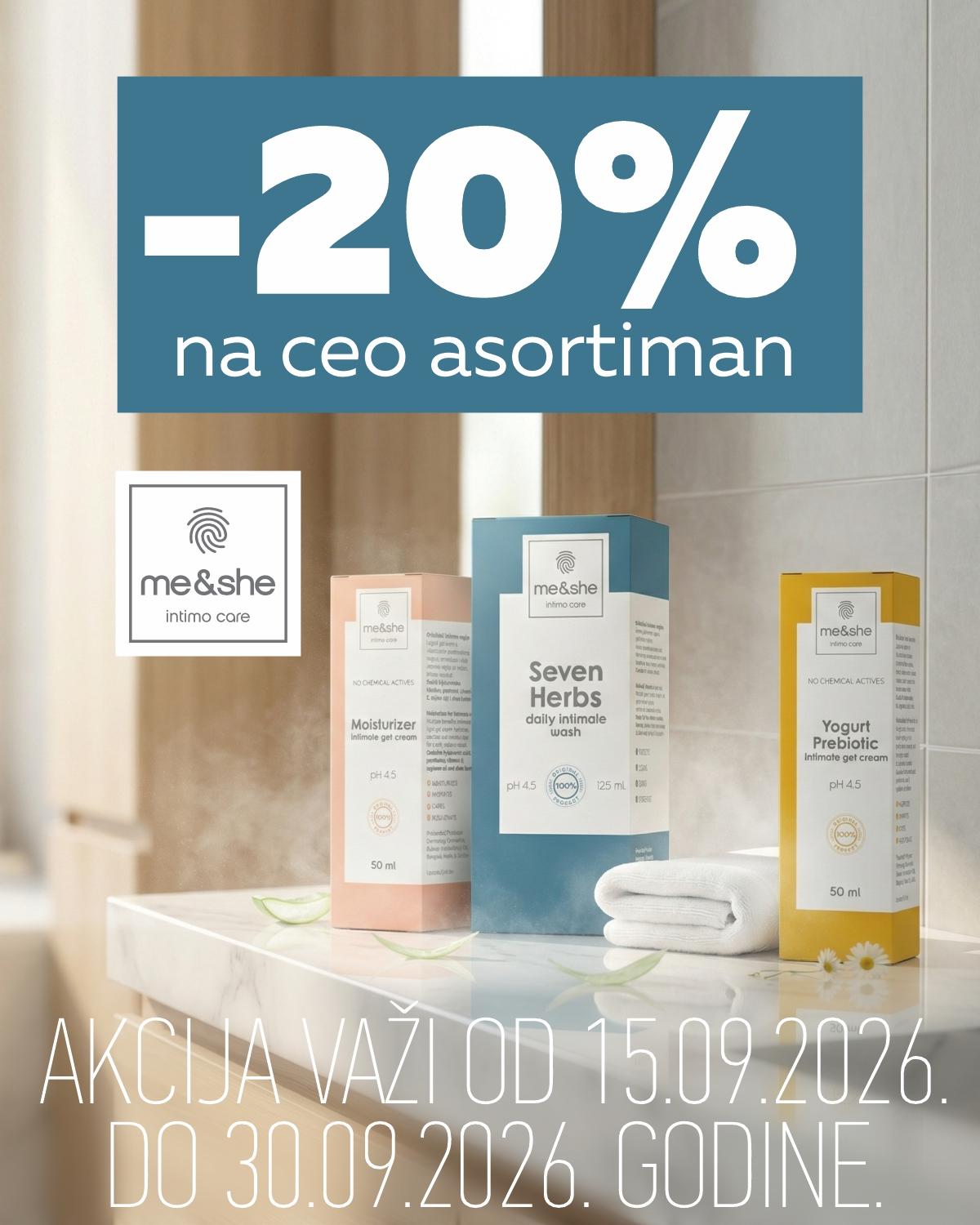 -20% popusta na ceo asortiman me&she proizvoda. -20% popusta na ceo asortiman me&she proizvoda.